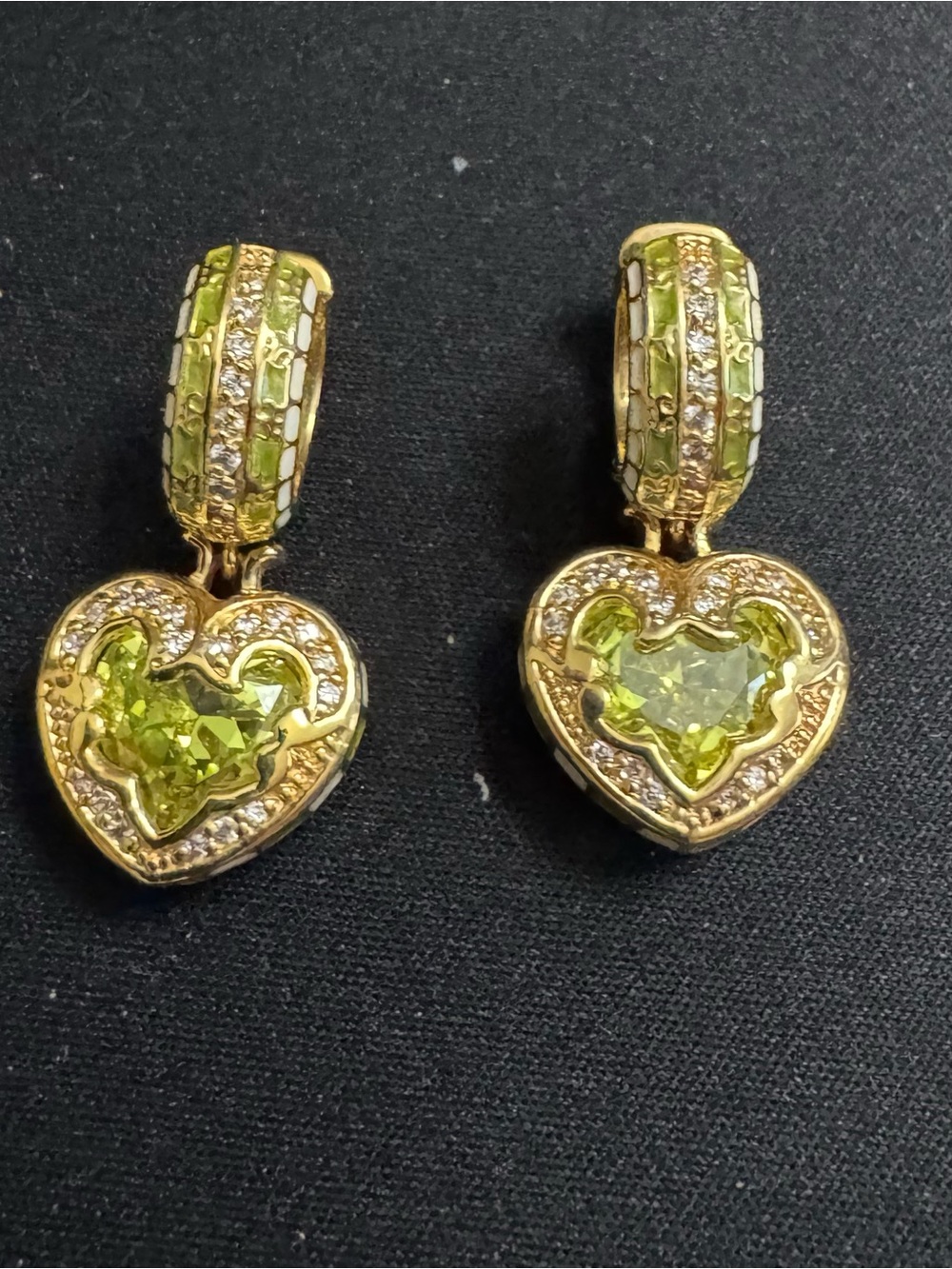 Lauren G Adams Yellow/white Goldtone Heart Enamel Earrings w/Peridot Crystal